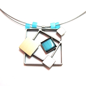 Two-tone Blue Catsite Squares Multi-wire Necklace Crono Design